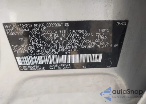 2004 Toyota Rav4 z USA, uszkodzony, nr VIN JTEGD20V340040049